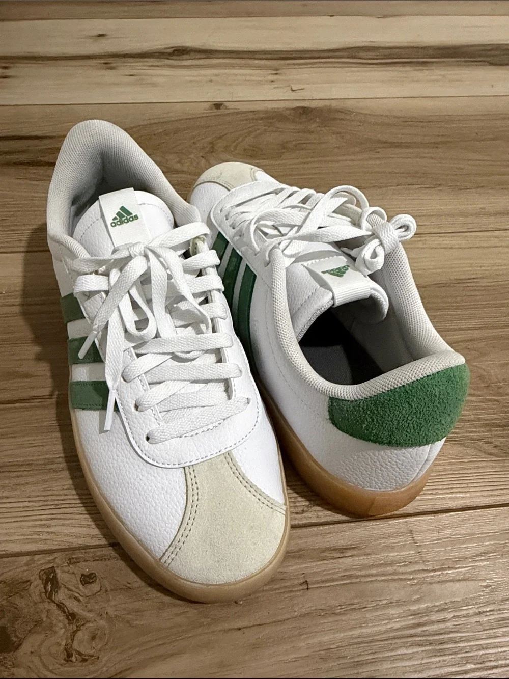 adidas Kids White Sneakers with Green Stripes and Gum Sole